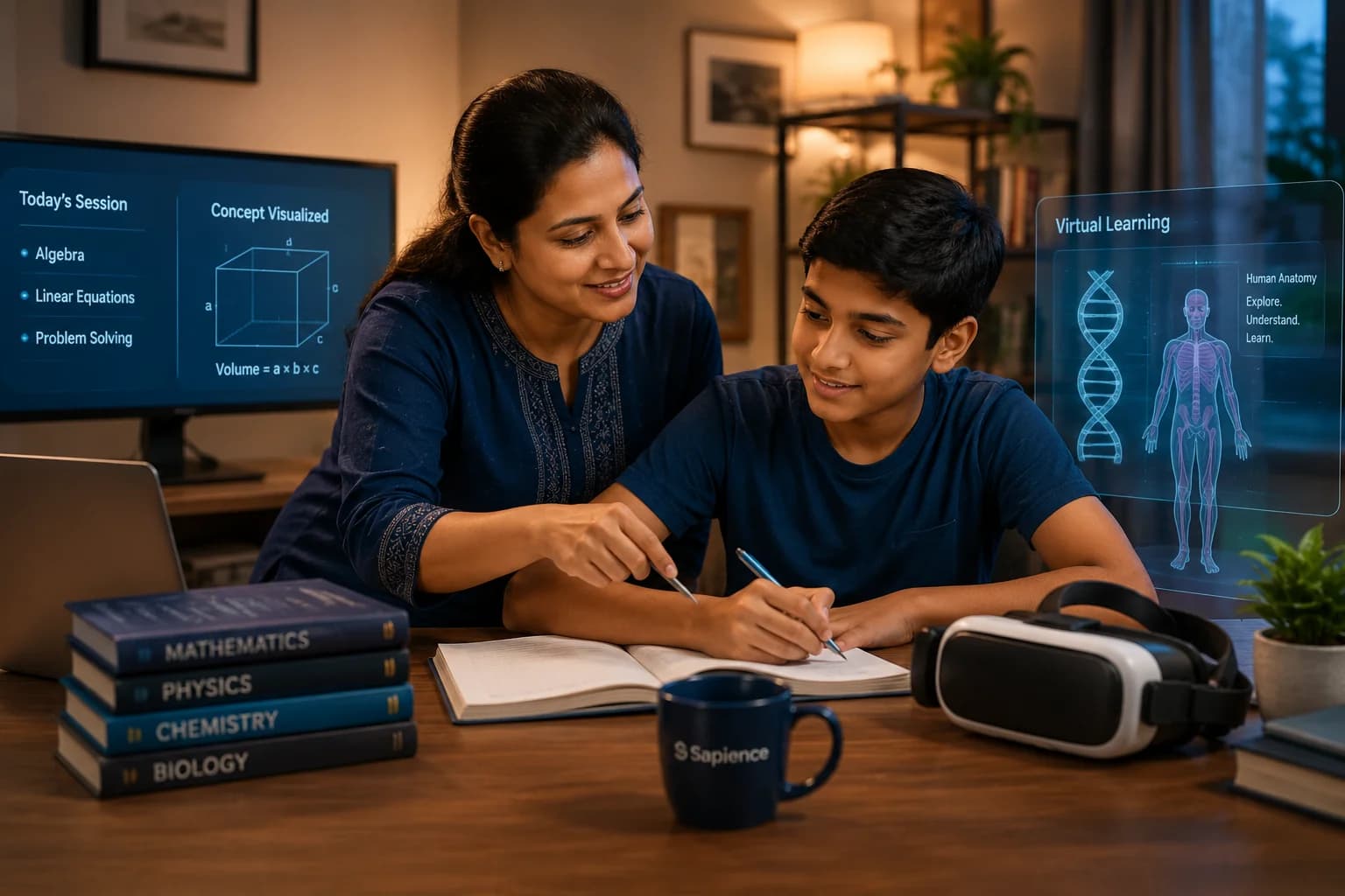 Mentor and student in a personalised one-to-one learning session with holographic learning elements