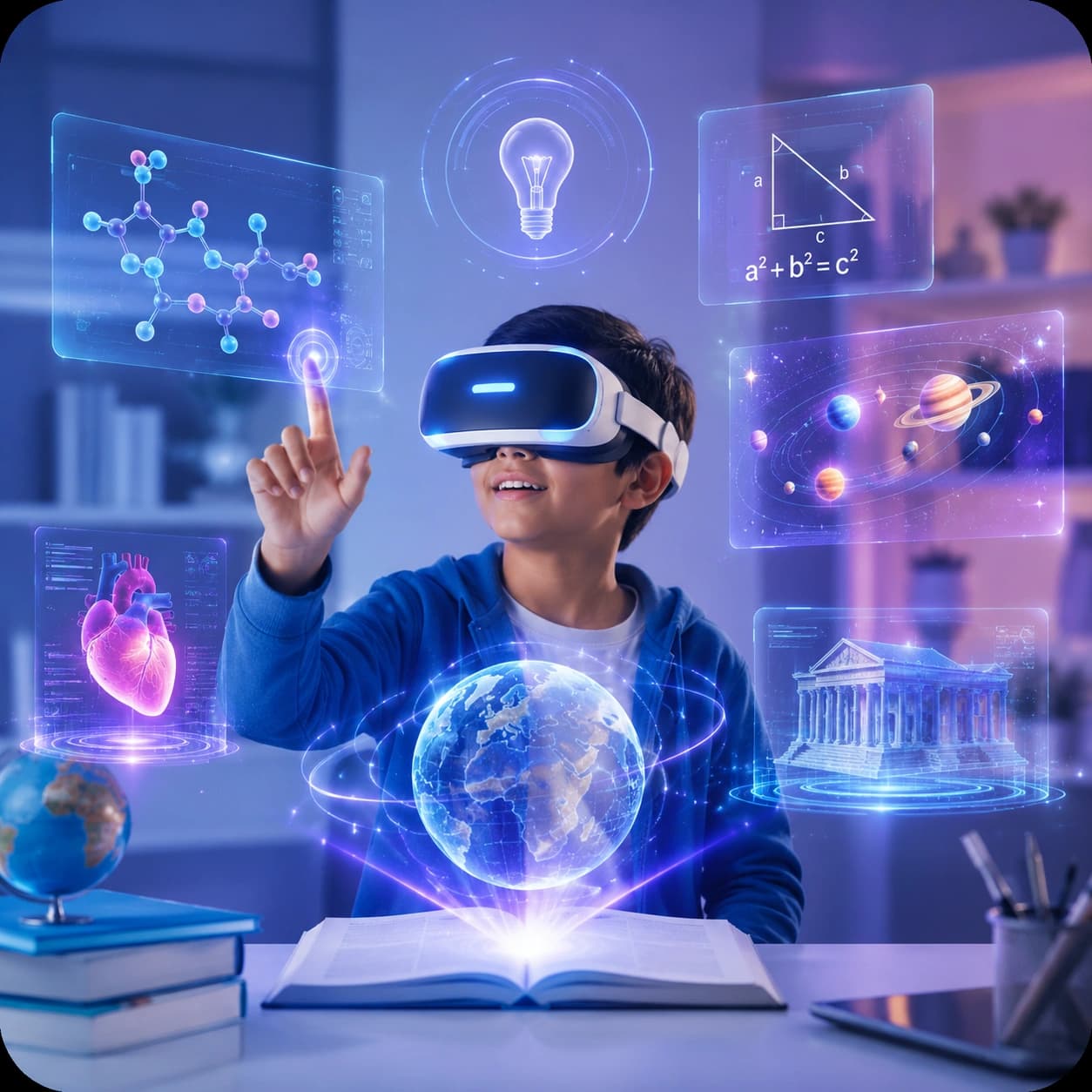 Student experiencing immersive VR-integrated personalised learning with holographic subjects