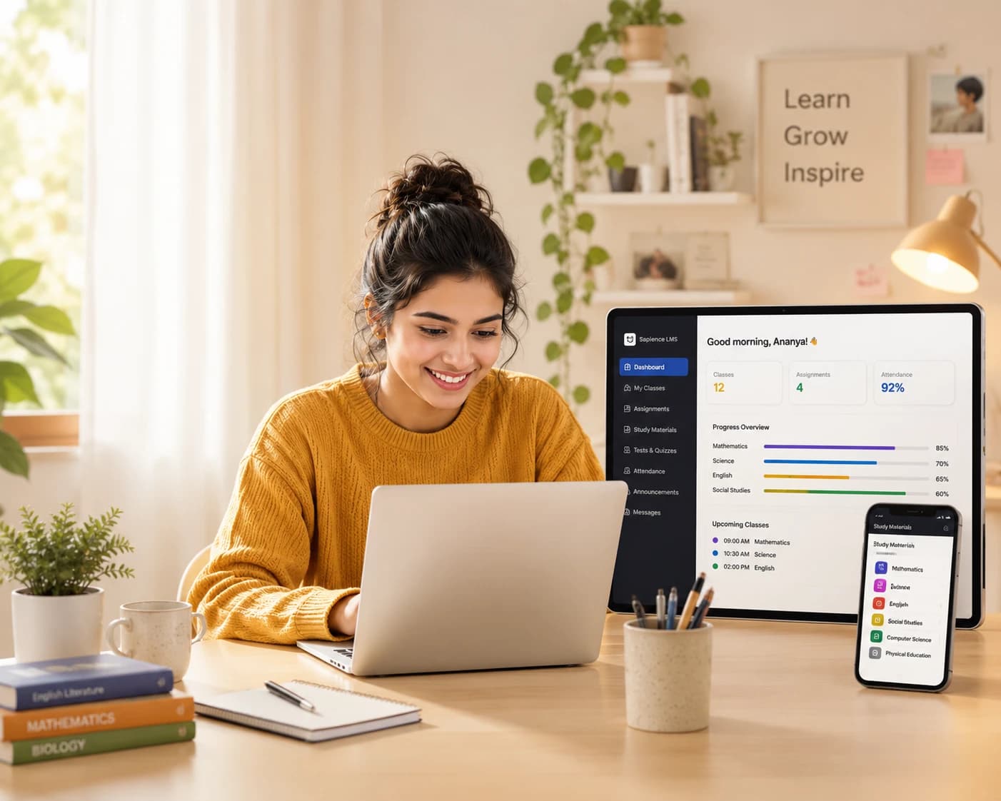Sapience LMS dashboard on laptop and phone